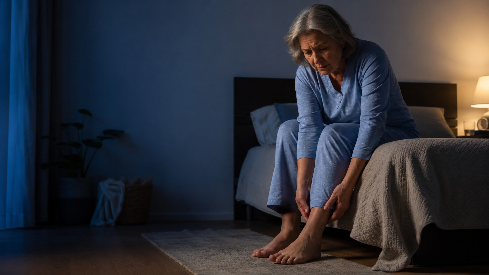 Older adult sitting on the edge of a bed at night looking down at her feet